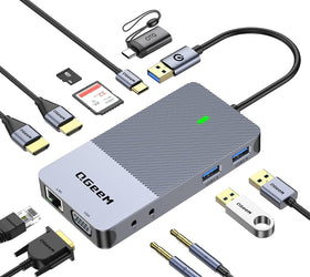 NÖRDIC 1 till 10 USB-A & C DisplayLink dockningsstation 2xHDMI, 1xVGA, 2xUSB3.0, 1xRJ45, 2xSD/TF, 2x3.5mm