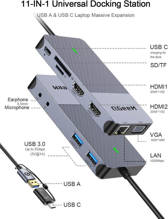 1 till 10 USB-A & C DisplayLink dockningsstation 2xHDMI, 1xVGA, 2xUSB3.0, 1xRJ45, 2xSD/TF, 2x3.5mm