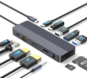 NÖRDIC 1 till 12 USB-C Dockningsstation för Dubbla skärmar, 1xHDMI 4K60Hz, 1xDP 4K60Hz, 1xUSB-C PD 100W,  2xUSB-C, 3xUSB-A, med Ethernet