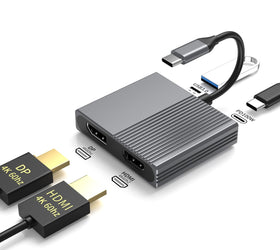 NÖRDIC 1 till 4 USB-C Dockningsstation 1xHDMI-4K60Hz, 1xDP-4K60Hz Dubbla skärmar 1xUSB-C PD100W 1xUSB-A 5G