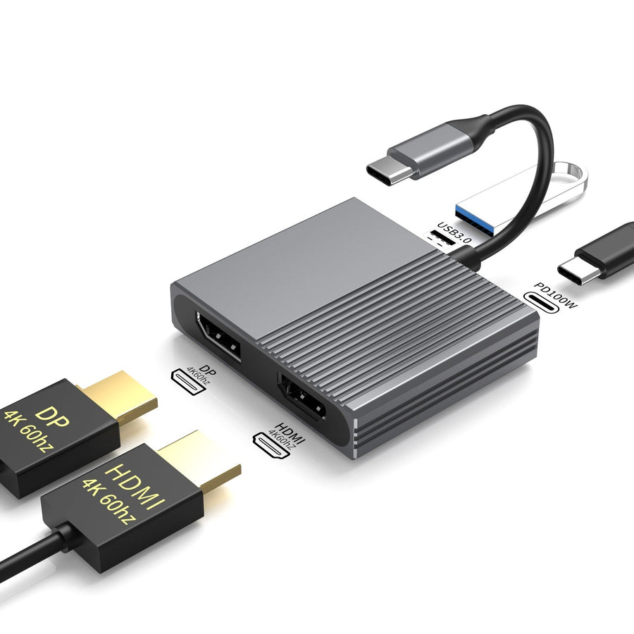 NÖRDIC 1 till 4 USB-C Dockningsstation 1xHDMI-4K60Hz, 1xDP-4K60Hz Dubbla skärmar 1xUSB-C PD100W 1xUSB-A 5G