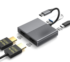 NÖRDIC 1 till 4 USB-C Dockningsstation 2xHDMI Dubbla skärmar 1xUSB-C PD100W 1xUSB-A 5G