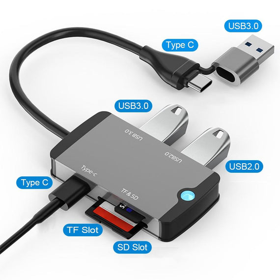 1 till 5 USB dockningsstation och kortläsare - SD, MicroSD/TF, 2x USB-A, 1xUSB-C