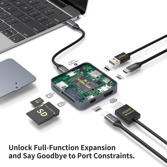 NÖRDIC 1 till 9 Magnetisk USB-C Dockningsstation 1xHDMI 4K60Hz, 1xUSB-C, 1xUSB-C PD 100W, 1xUSB-A, 1xM.2 SSD, 1xSD, 1xMicroSD, 1x3,5 mm AUX