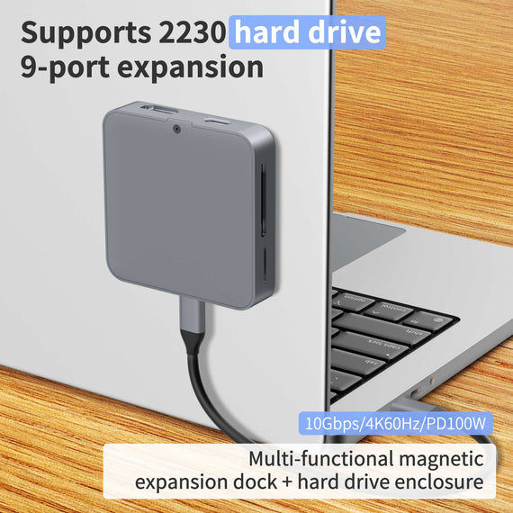 NÖRDIC 1 till 9 Magnetisk USB-C Dockningsstation 1xHDMI 4K60Hz, 1xUSB-C, 1xUSB-C PD 100W, 1xUSB-A, 1xM.2 SSD, 1xSD, 1xMicroSD, 1x3,5 mm AUX