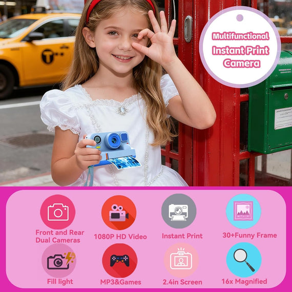 NÖRDIC 2,4" HD Instant-kamera, Mini kamera med fotoutskrift/videoinspelning, kompatibel app, Blå