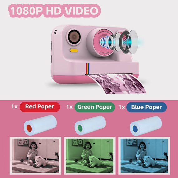 NÖRDIC 2,4" HD Instant-kamera, Mini kamera med fotoutskrift/videoinspelning, kompatibel app, Rosa