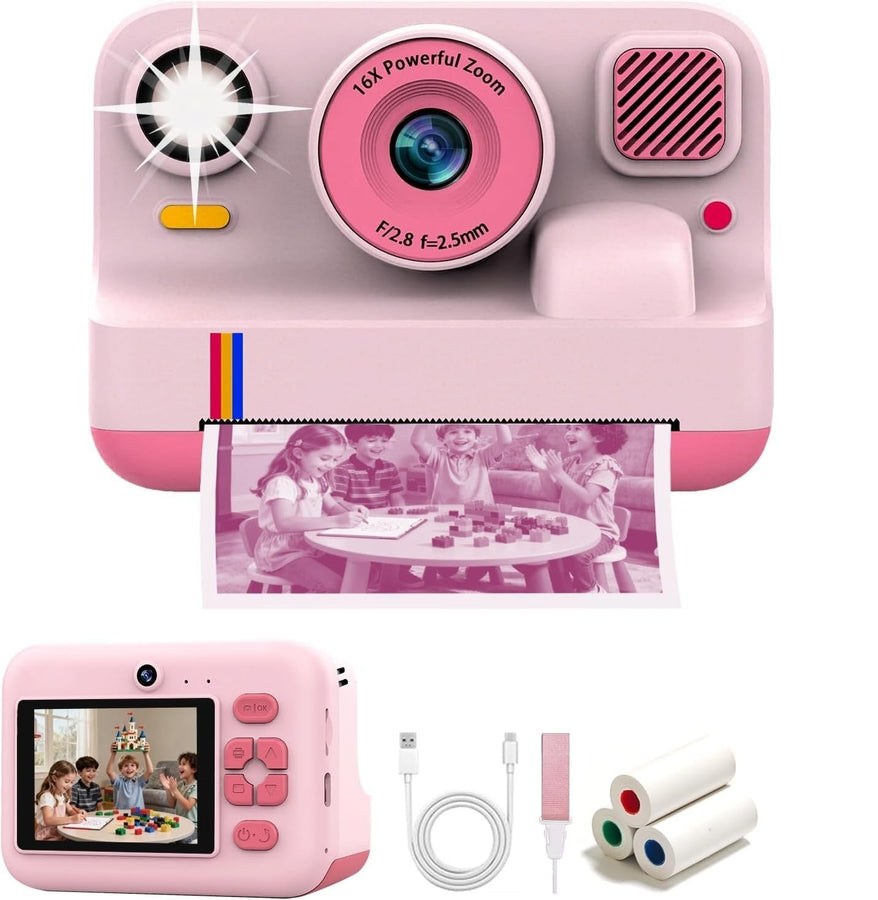 NÖRDIC 2,4" HD Instant-kamera, Mini kamera med fotoutskrift/videoinspelning, kompatibel app, Rosa