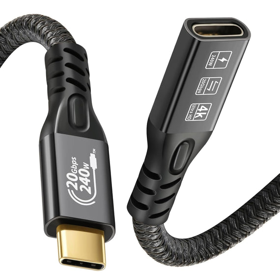 NÖRDIC 25cm USB3.2 Gen2 20Gbps USB-C till C nylonflätad förlängningskabel med Power Delivery 240W 4K60Hz