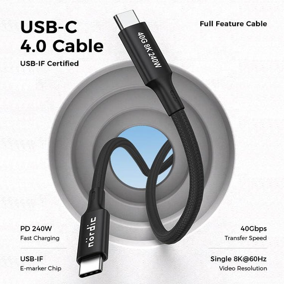 25cm USB4 USB-C till C nylonflätad kabel PD3.1 240W 40G 8K60Hz 4K240Hz svart