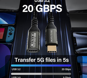 NÖRDIC 2m USB3.2 Gen2 20Gbps USB-C till C nylonflätad förlängningskabel med Power Delivery 240W 4K60Hz