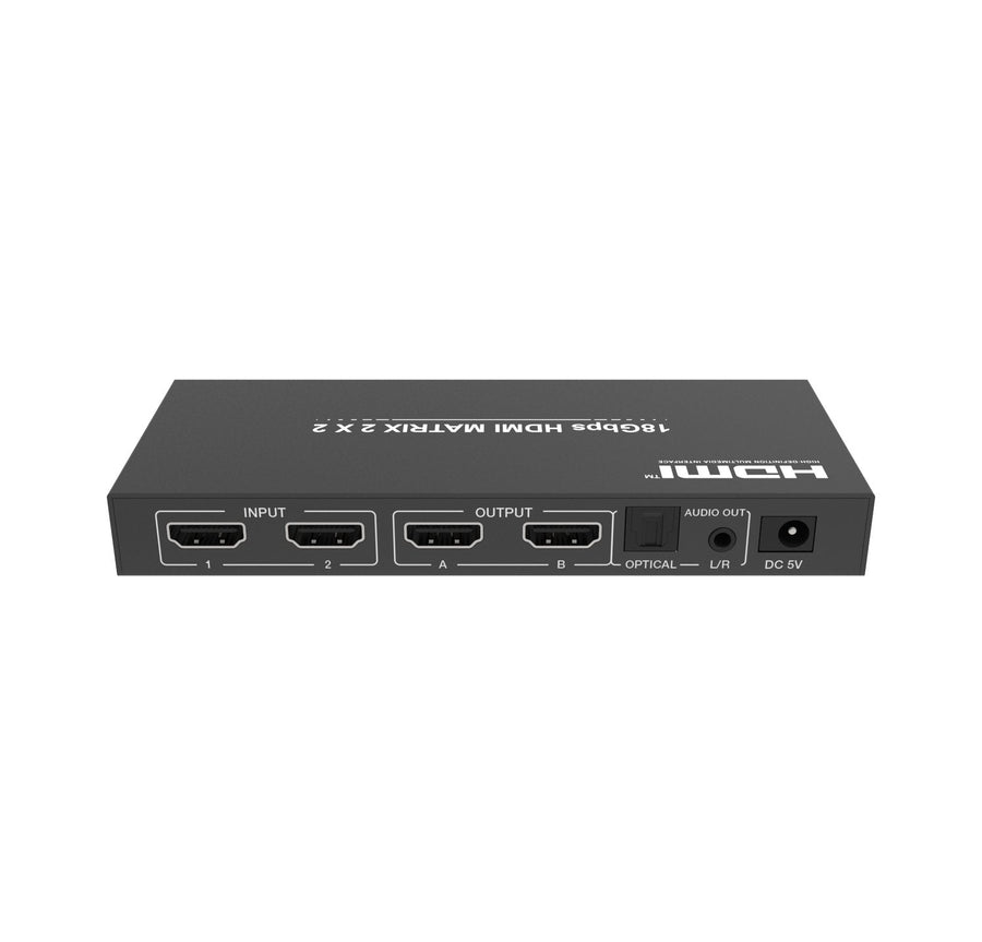 2x2 HDMI 2.0 Matrix switch 4K60Hz med Extraktor Toslink & Stereo EDID HDR HDCP2.2 Dolby Digital+, DTS 5.1