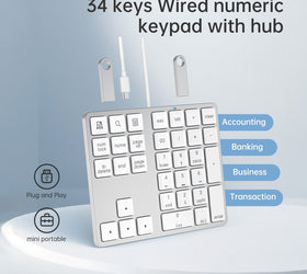 NÖRDIC 34 Keys Portable USB Wired Numeric Keypad with Hubs Numpad Keyboard Numeric Finanical Keyboard