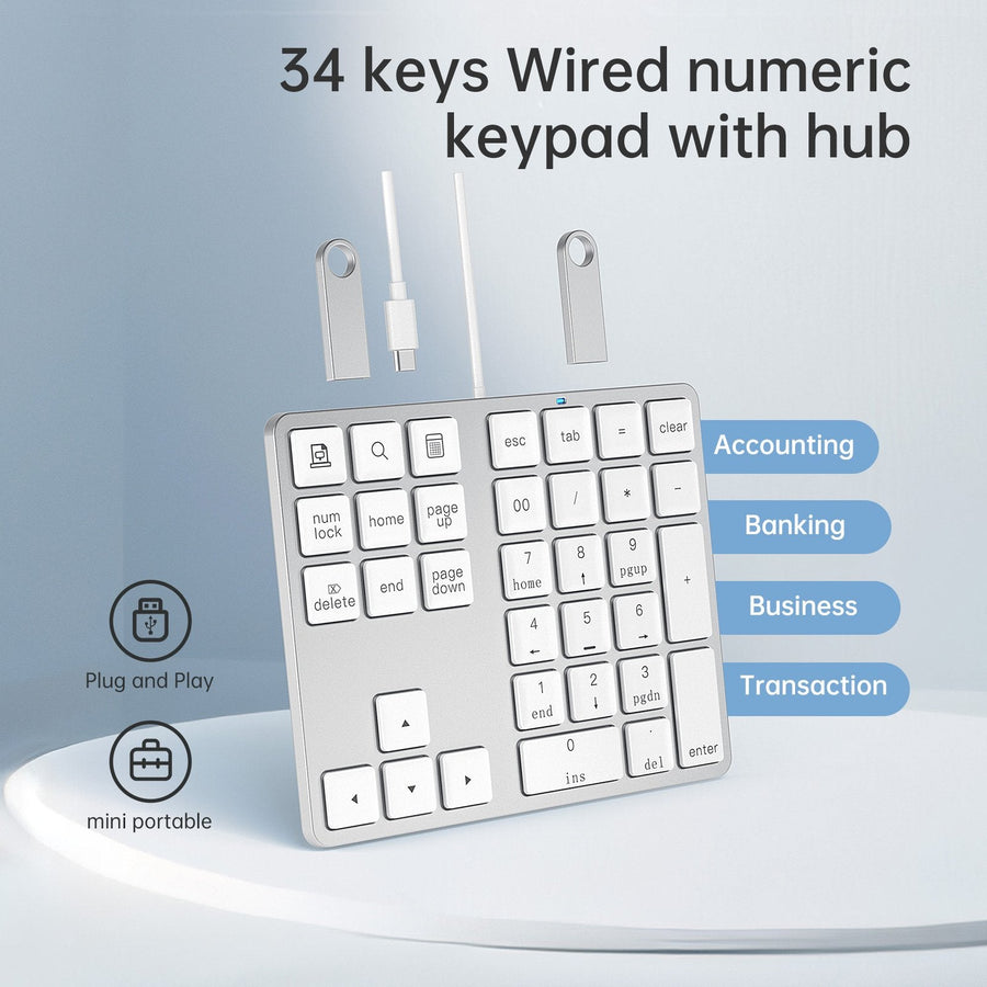 NÖRDIC 34 Keys Portable USB Wired Numeric Keypad with Hubs Numpad Keyboard Numeric Finanical Keyboard