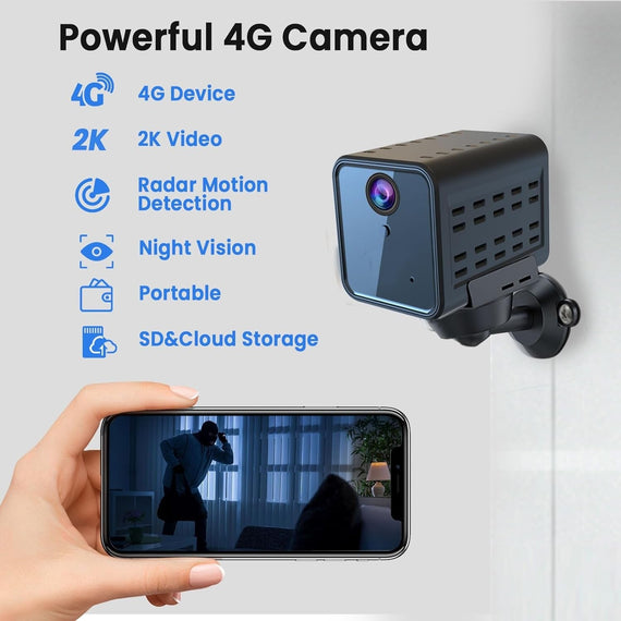 NÖRDIC 4G-Övervakningskamera, 2K QHD inomhuskamera, radarbaserad rörelsedetektering, kompatibel med SIM, utan WiFi krav