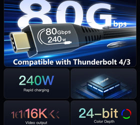 50cm Thunderbolt 5 cable 80Gbps data transfer 240W Charging 120Gbps bandwith 16K60Hz 8K60Hz 4K540Hz