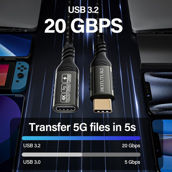 NÖRDIC 50cm USB3.2 Gen2 20Gbps USB-C till C nylonflätad förlängningskabel med Power Delivery 240W 4K60Hz