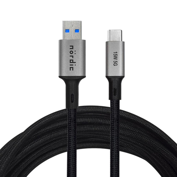 5m USB3.2 Gen1 USB-C till A nylonflätad kabel snabbladdning 3A 5Gbps Power Delivery PD 60W grå