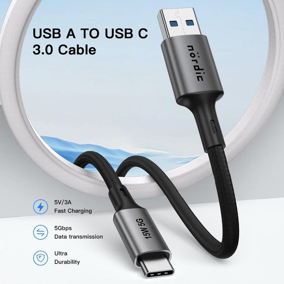 5m USB3.2 Gen1 USB-C till A nylonflätad kabel snabbladdning 3A 5Gbps Power Delivery PD 60W grå