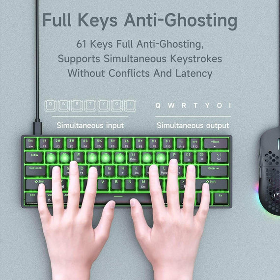 NÖRDIC 60% Wired Mechanical Keyboard US layout with Red Switches, LED Backlit Ultra-Compact 61 Keys Mini Office Keyboard for Windows Laptop PC Gamer