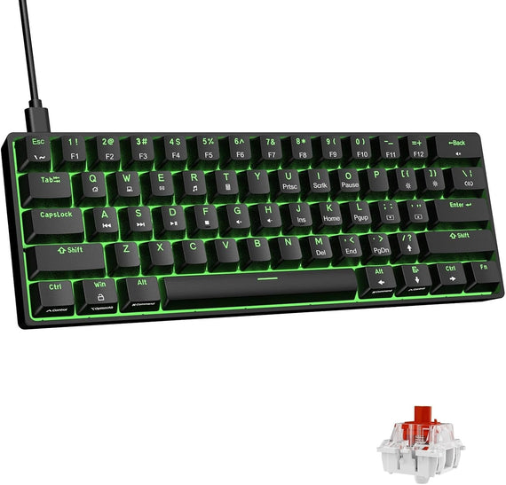 NÖRDIC 60% Wired Mechanical Keyboard US layout with Red Switches, LED Backlit Ultra-Compact 61 Keys Mini Office Keyboard for Windows Laptop PC Gamer