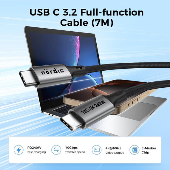 7m USB 3.2 Gen 2 USB-C till C nylonflätad kabel PD3.1 240W 10G 4K60Hz svart