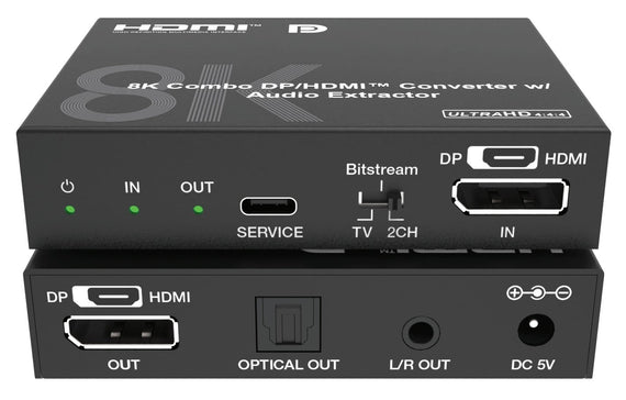NÖRDIC 8K 30Hz DP/HDMI Kombo Extractor-omvandlare, SPDIF Stereo L/R Dolby ATMOS DTS-HD Master HDR Pass through EDID