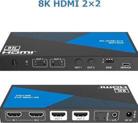 8K HDMI 2.1 Matrix switch 2x2 med audio extraktor Toslink & Stereo EDID CEC, Dolby Atmos, Digital Plus, DTS-EX
