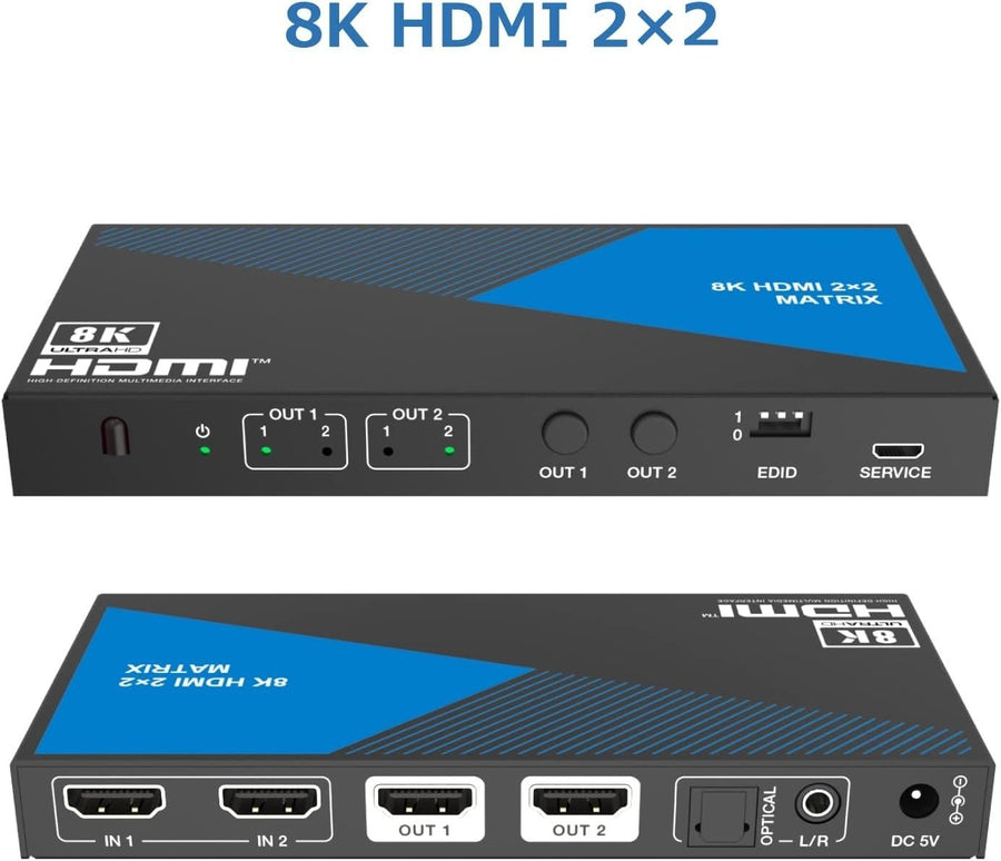 8K HDMI 2.1 Matrix switch 2x2 med audio extraktor Toslink & Stereo EDID CEC, Dolby Atmos, Digital Plus, DTS-EX