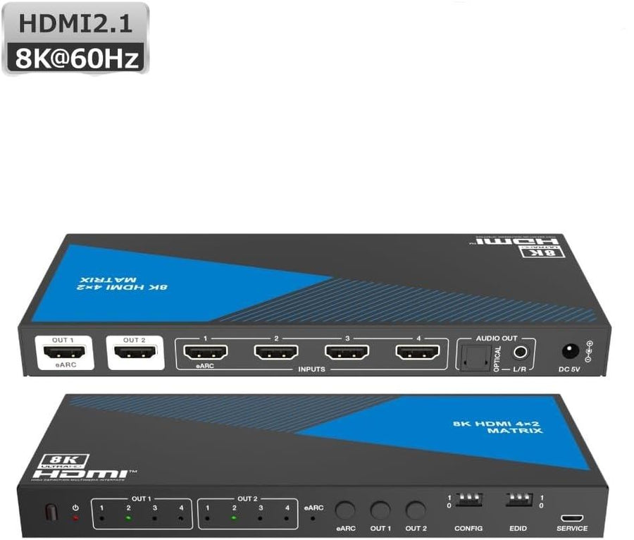 8K HDMI 2.1 eARC/ARC matrix switch 4x2 med extraktor Toslink & Stereo, HDMI CEC, Dolby Atmos/Digital Plus, DTS Master