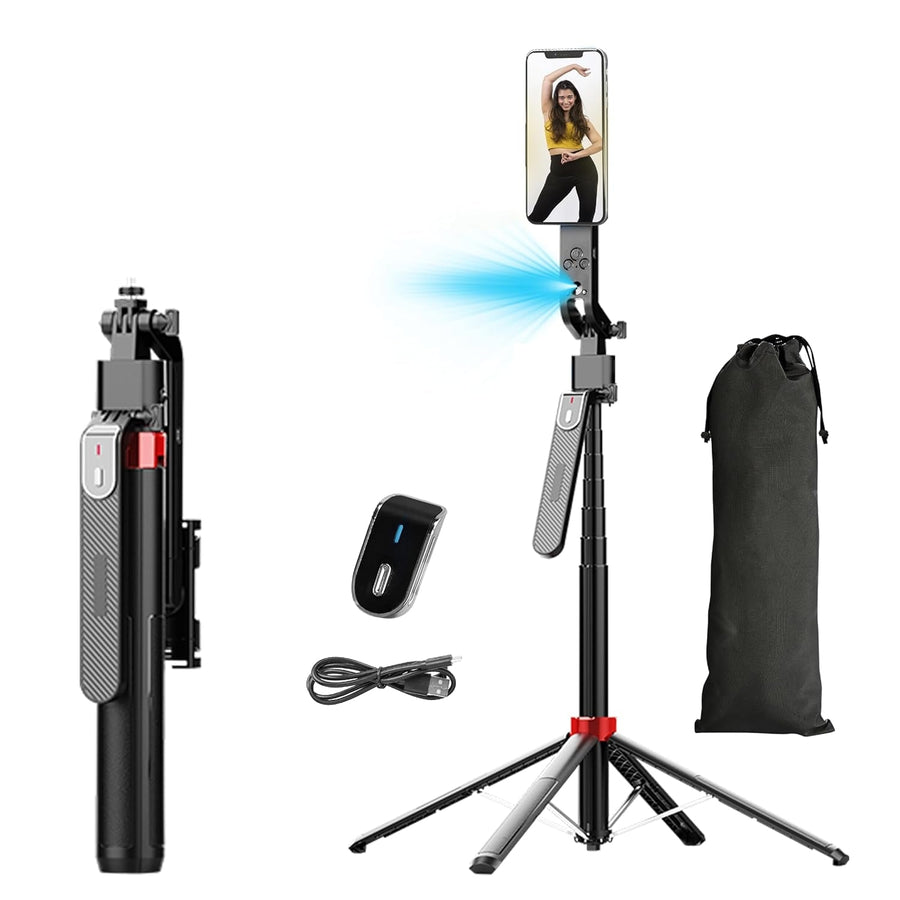 NÖRDIC AI Auto Face Tracking Selfie-stick – 360° rotation + 270° tilt, 4-i-1 mobilstativ, 180 cm stativ i aluminium med 4 ben