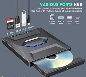 NÖRDIC Bärbar CD Brännare och spelare och USB-hubb med SD-kortläsare 2xUSB-A 1xUSB-C
