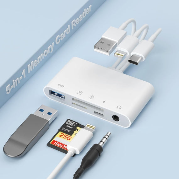 kortläsare Lightning + USB-C + USB-A till SD, TF/microSD, USB-A, AUX och strömförsörjning