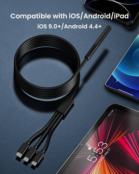 NÖRDIC Endoskopkamera för mobiltelefon med ljus, 1080P HD, 8 LED-lampor, vattentät IP67, inget WiFi krävs, Android och iOS