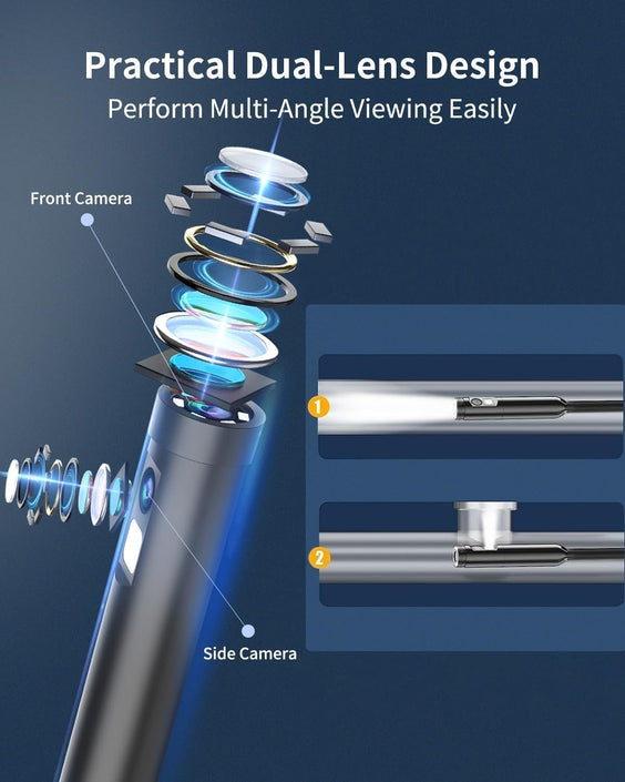 NÖRDIC Endoskopkamera med dubbla lenser för mobiltelefon med ljus, 1080P HD, 8 LED-lampor, vattentät IP67, inget WiFi krävs, Android och iOS