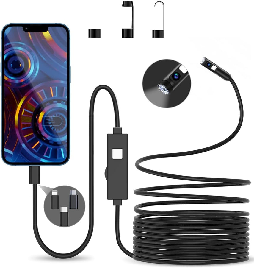 NÖRDIC Endoskopkamera med dubbla lenser för mobiltelefon med ljus, 1080P HD, 8 LED-lampor, vattentät IP67, inget WiFi krävs, Android och iOS