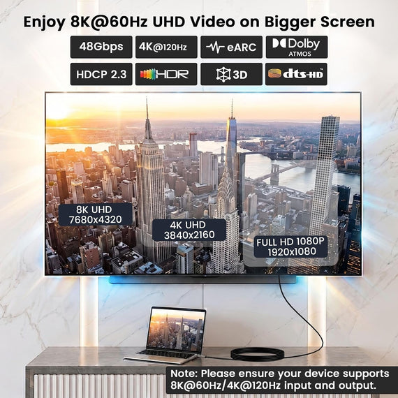 NÖRDIC Fiber AOC 10m USB-C till HDMI 2.1-kabel 8K@60Hz, 4K@120Hz, 48Gbps, HDR, kompatibel med Thunderbolt 3 och 4
