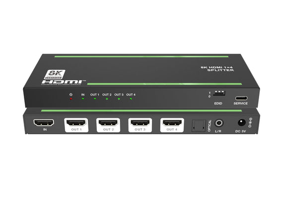 HDMI 1 to 4 Splitter 8K0Hz 4K120Hz with extractor Optical SPDIG and stereo HDCP 2.3 HDR10+ EDID Dolby ATMOS