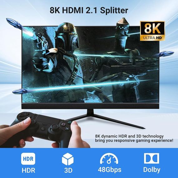 HDMI 1 to 4 Splitter 8K0Hz 4K120Hz with extractor Optical SPDIG and stereo HDCP 2.3 HDR10+ EDID Dolby ATMOS
