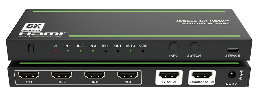 NÖRDIC 8K HDMI 2.1 eARC/ARC Soundbar Extractor med inbyggd 4 till 1-switch, Dolby Vision, Dolby Atmos, LPCM 7.1CH, CEC, HDR, VRR, HDCP 2.3