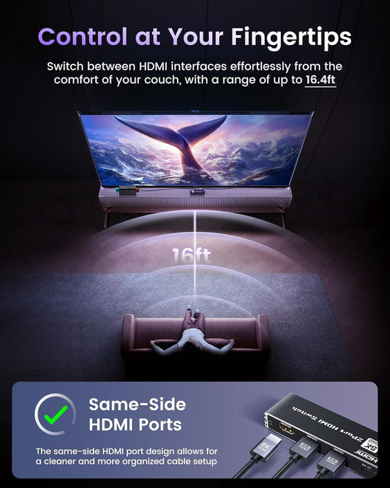 NÖRDIC HDMI 2 till 1 Switch 8K60Hz 4K@120Hz med fjärrkontroll, Aluminum