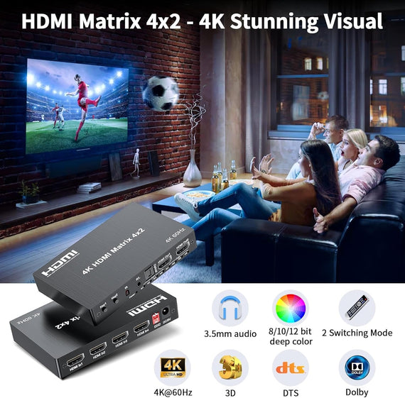 NÖRDIC HDMI 4K 60Hz Matrix switch 4x2 3D Video Toslink Stereo EDID