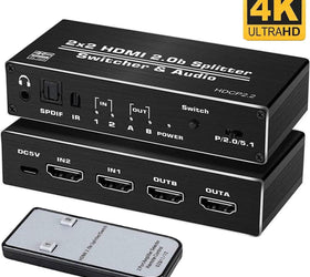 NÖRDIC HDMI 4K 60Hz Switch-Splitter 2x2 Audio SPDIF/Stereo med fjärrkontroll