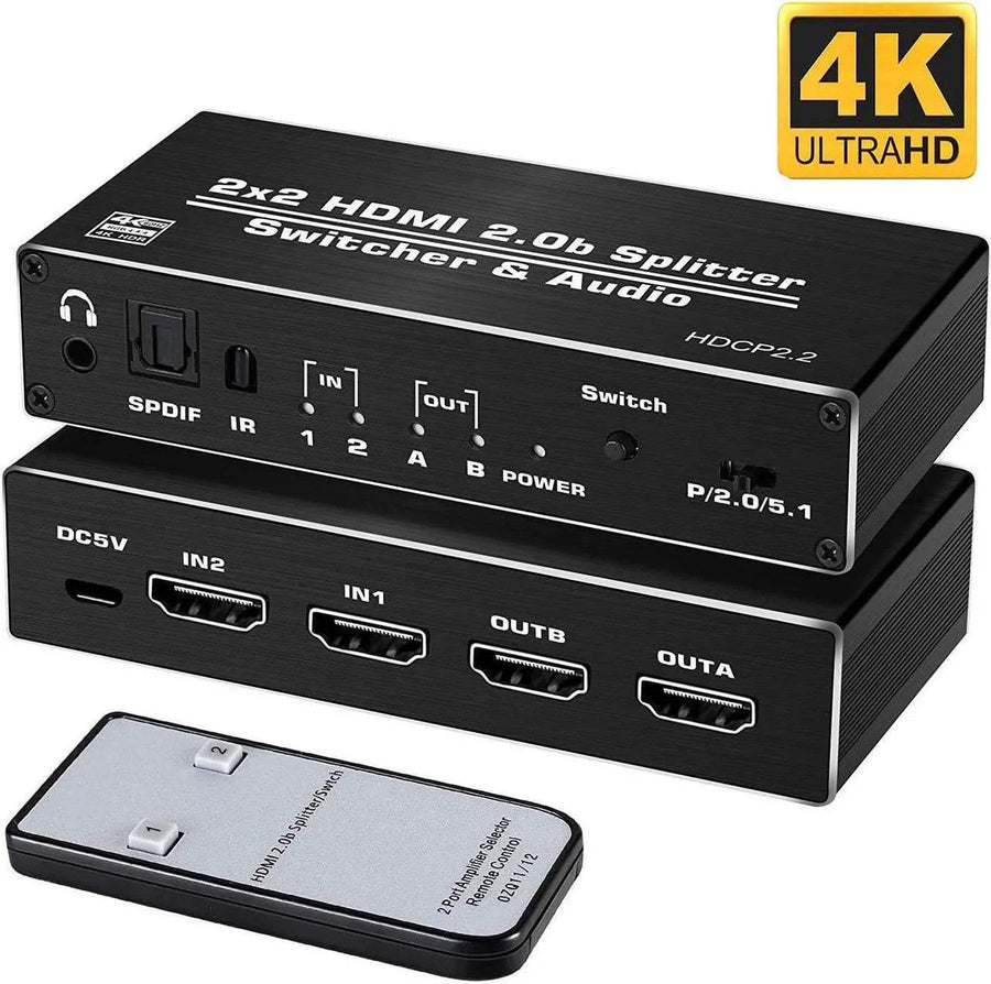 NÖRDIC HDMI 4K 60Hz Switch-Splitter 2x2 Audio SPDIF/Stereo med fjärrkontroll
