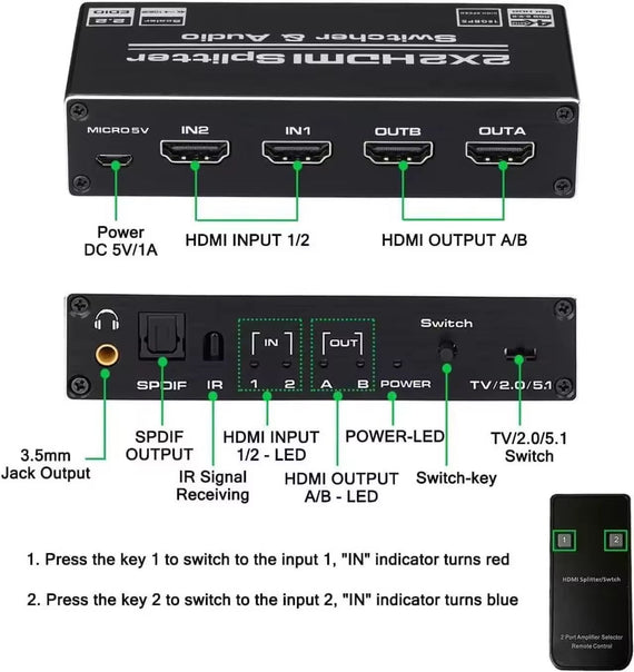 NÖRDIC HDMI 4K 60Hz Switch-Splitter 2x2 Audio SPDIF/Stereo med fjärrkontroll