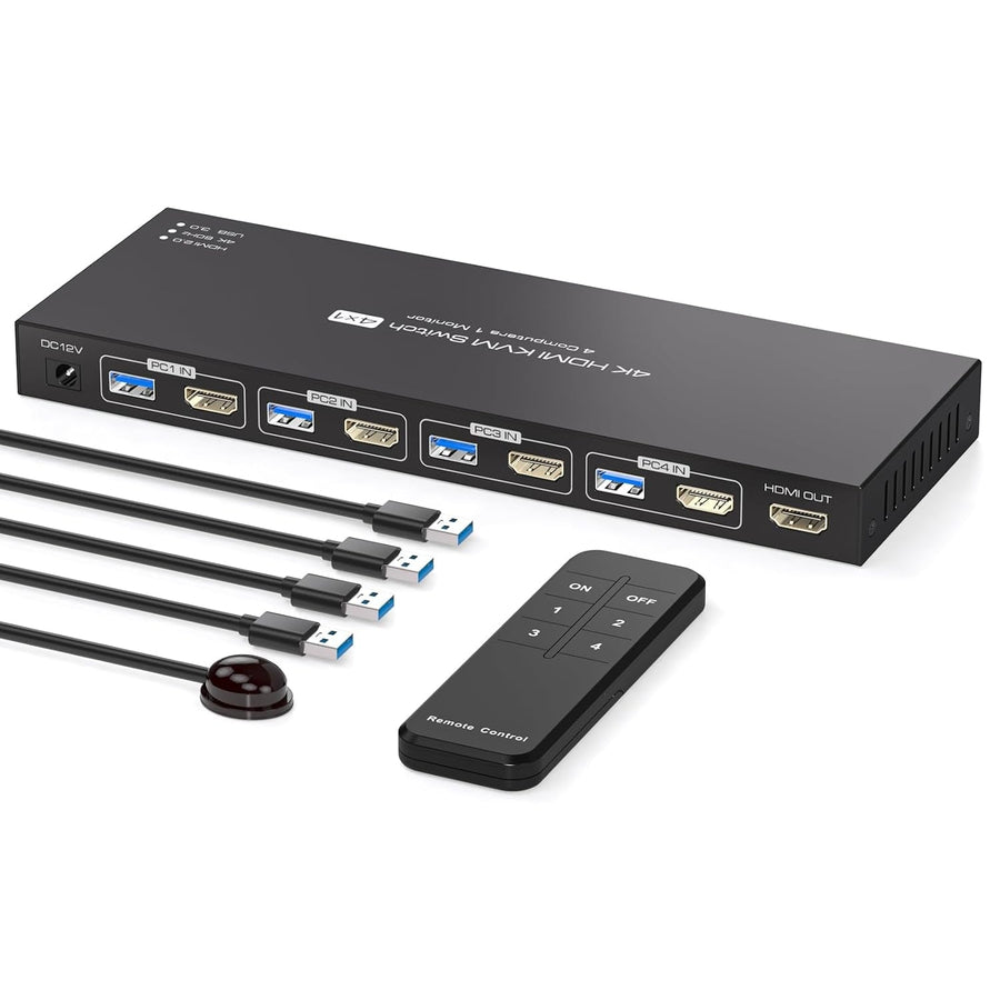 NÖRDIC HDMI 2.0 KVM-switch 4 till 1 EDID 4K60Hz, 4xUSB 3.0, 4 datorer till 1 bildskärm + 4xUSB 3.0-enheter, fjärrkontroll