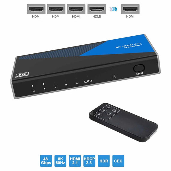 HDMI 2.1 Switch 4 till 1 8K60Hz 4K120Hz CEC HDR Dolby Atmos, True HD, Digital Plus, DTS-HD Master