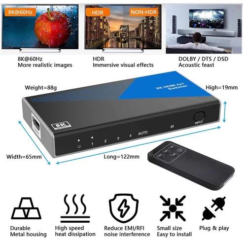 HDMI 2.1 Switch 4 till 1 8K60Hz 4K120Hz CEC HDR Dolby Atmos, True HD, Digital Plus, DTS-HD Master
