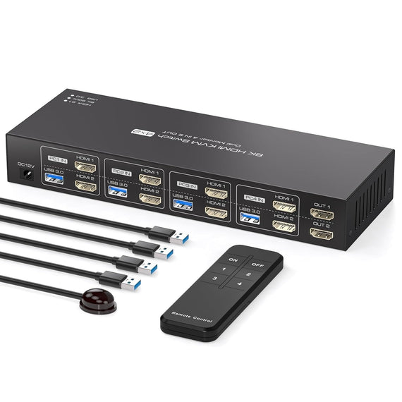 NÖRDIC KVM 4x2 HDMI Switch 4PC till Dual Monitor HDMI 8K60Hz med 1x3.5mm och 4xUSB-A
