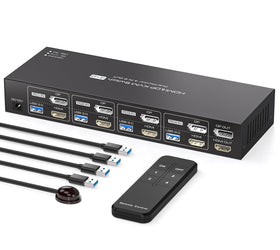 NÖRDIC KVM 4x2 Switch 4PC till Dual Monitor HDMI & DP 8K60Hz med 1x3.5mm och 4xUSB-A